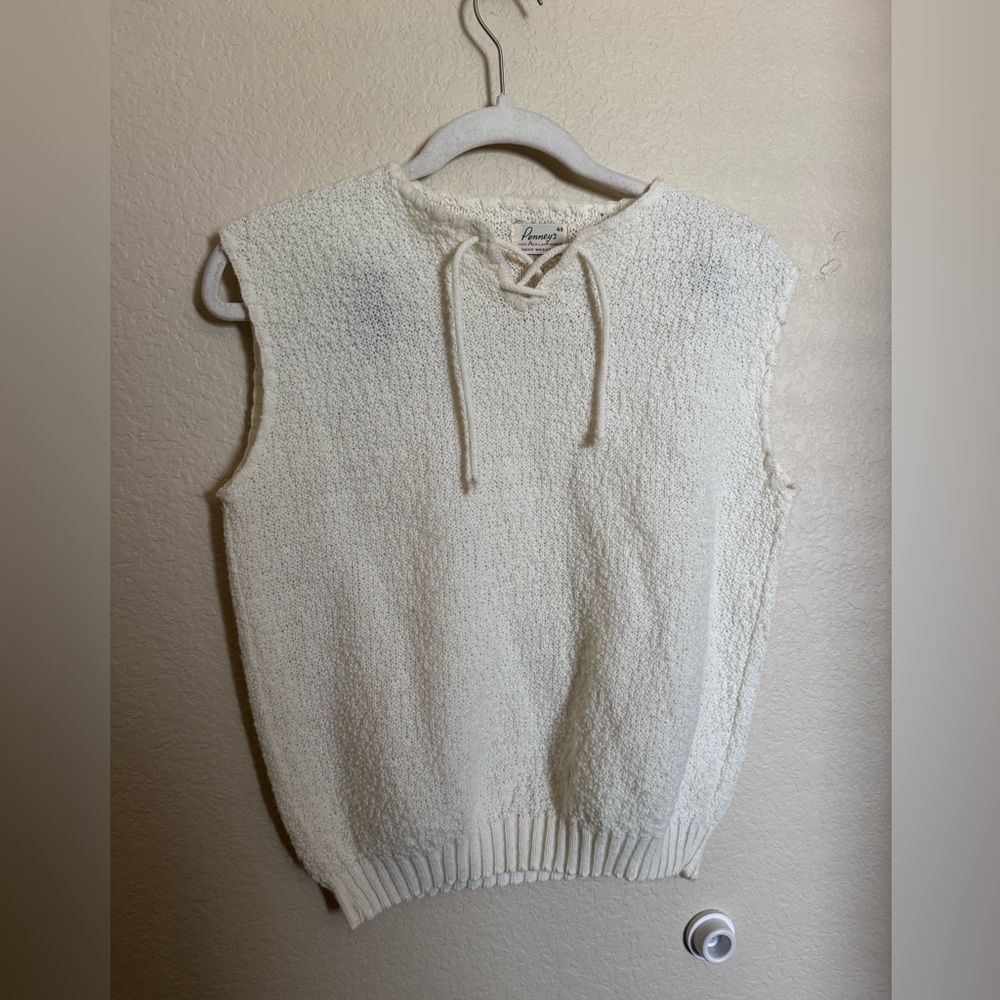 Vintage 70s Sleeveless Knit Top Sz Small Tie Up Cream
